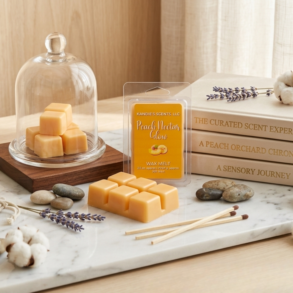 Peach Nectar Glow wax melts with packaging on a marble surface with books and decor.