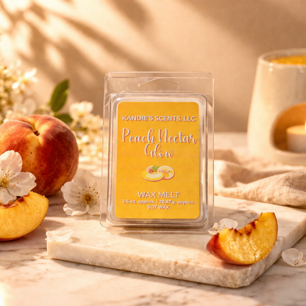 Kandie's Scents wax melt packaging with peaches and flowers on a marble surface