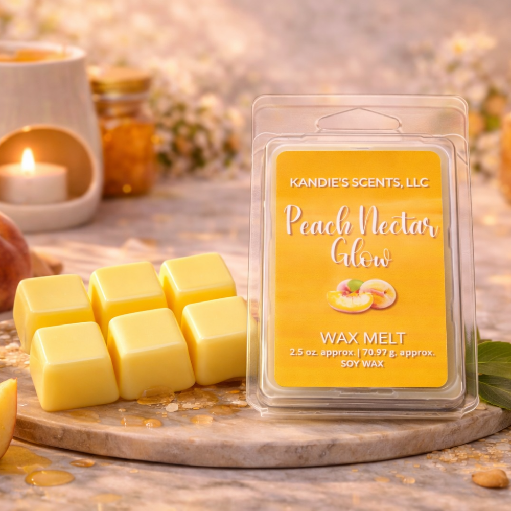 Kandie's Scents Peach Nectar Glow wax melt packaging with wax melts on a wooden surface.