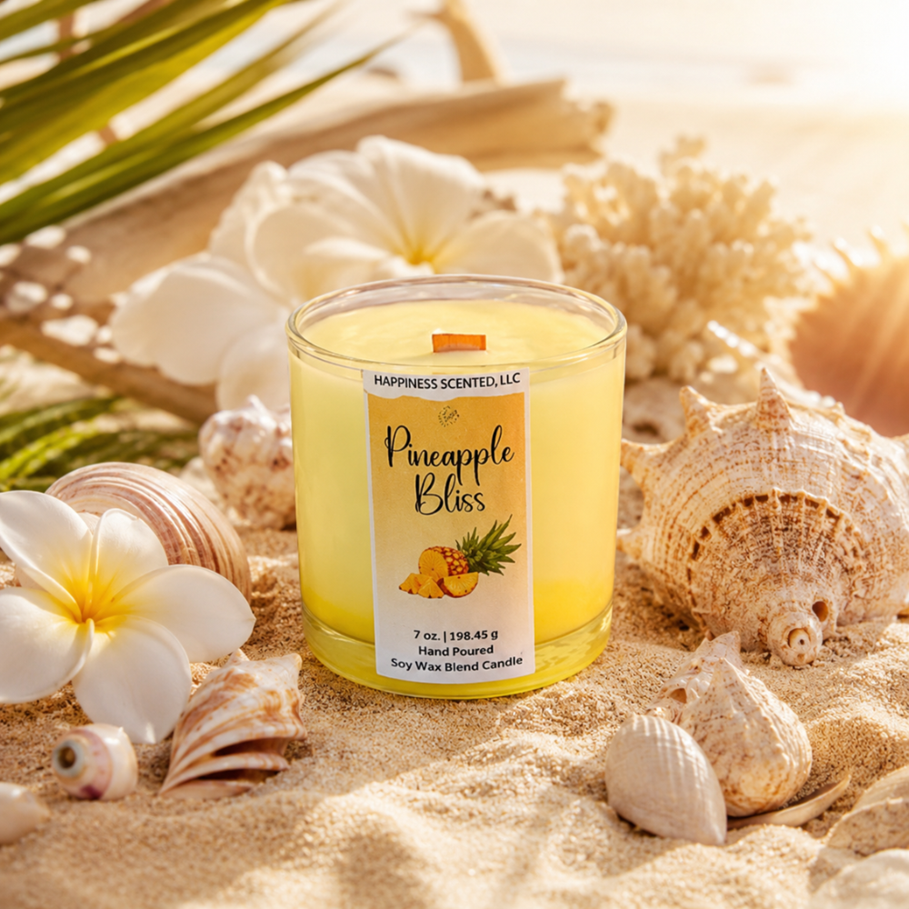 Pineapple Bliss candle surrounded by seashells and flowers on sand