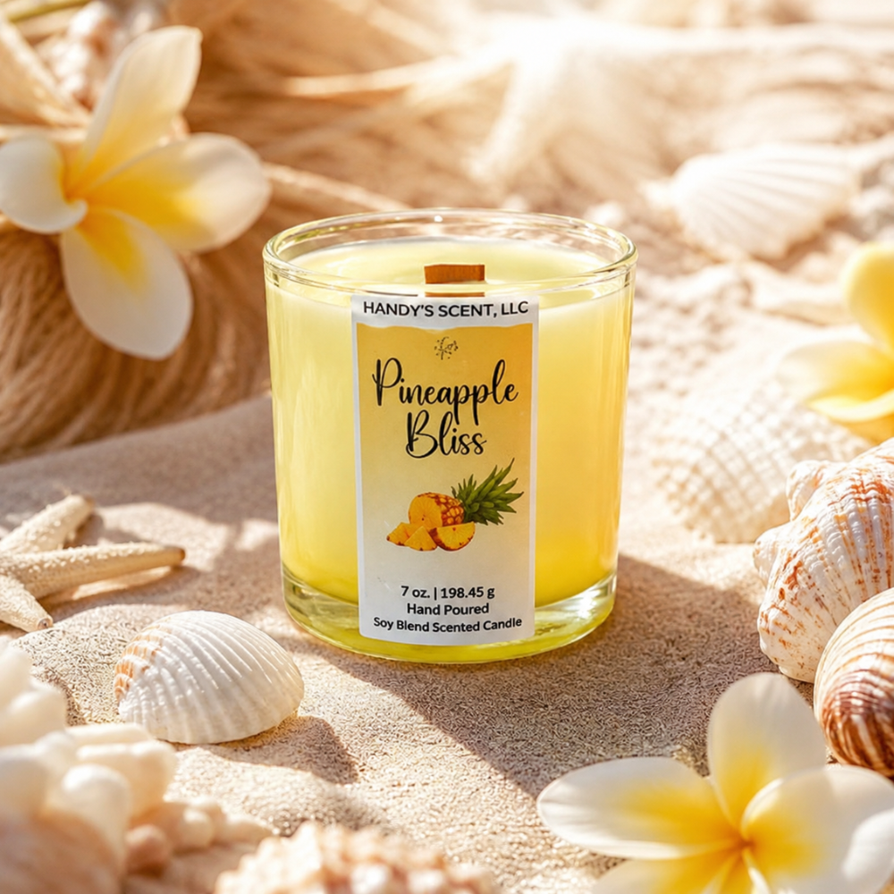 Scented candle labeled 'Pineapple Bliss' surrounded by seashells and flowers on sand