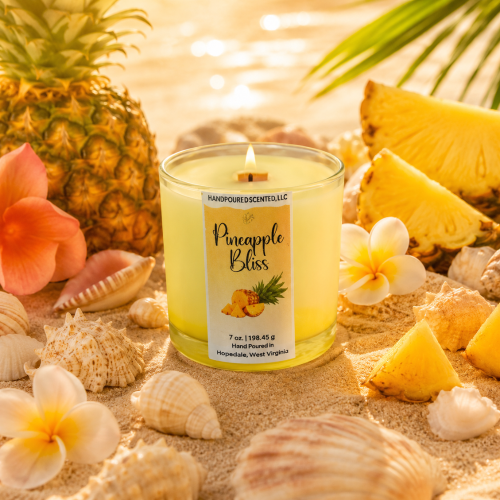 Candle labeled 'Pineapple Bliss' surrounded by pineapples, flowers, and shells on a sandy background