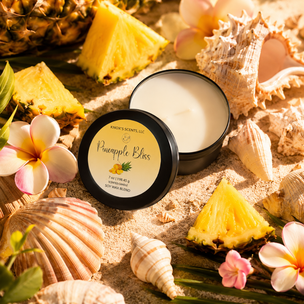Pineapple Bliss product with pineapple slices, shells, and flowers on a sandy background