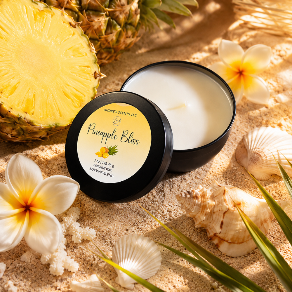 Candle labeled 'Pineapple Bliss' with a pineapple, flowers, and shells on sand