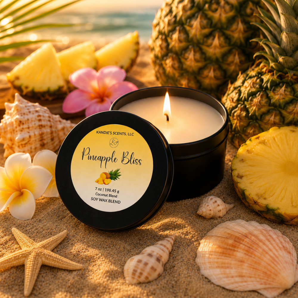 Pineapple Bliss candle with pineapple slices, flowers, and shells on a sandy background
