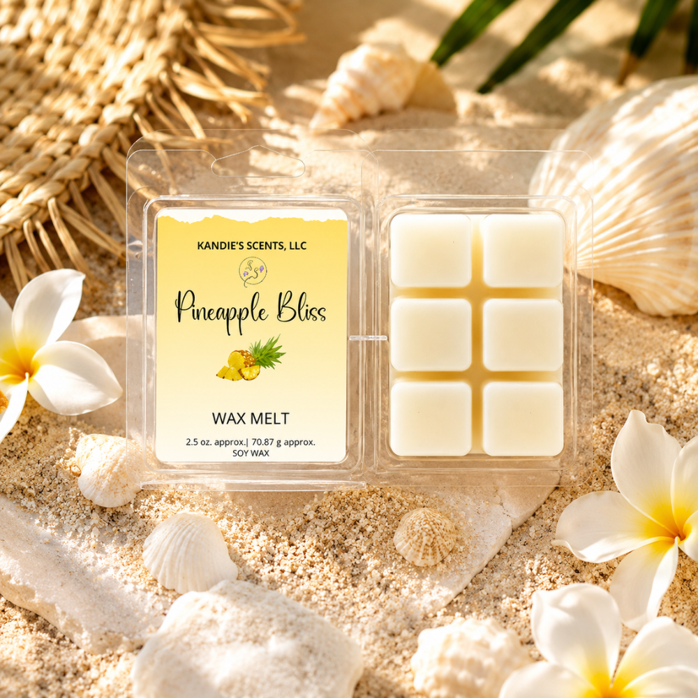 Pack of 'Pineapple Bliss' wax melts on sand with flowers and shells