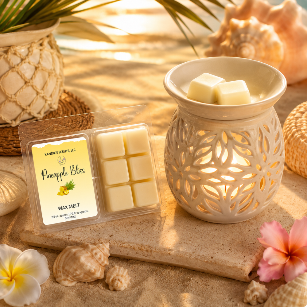 Wax melt packaging with a lit wax warmer and decorative elements on a sandy background
