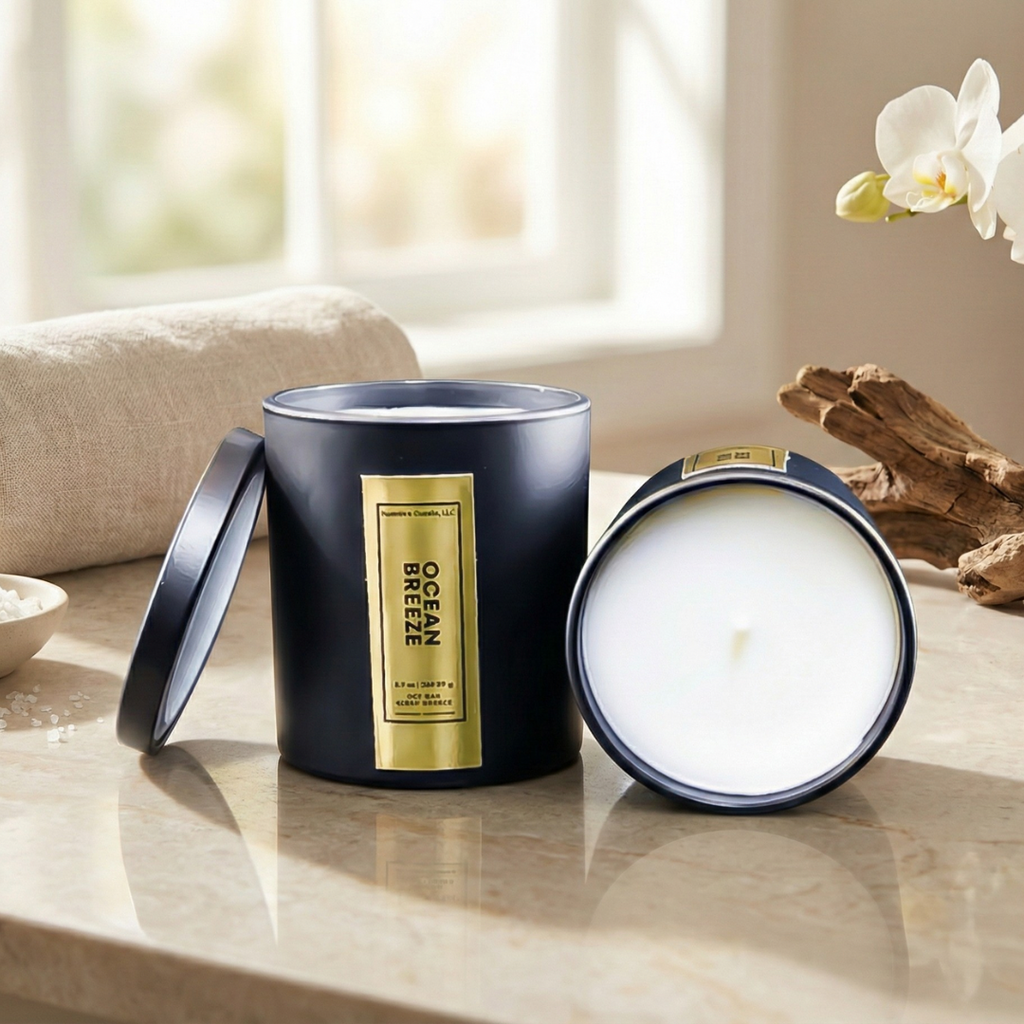 Black candle with gold label on a table with a blurred background