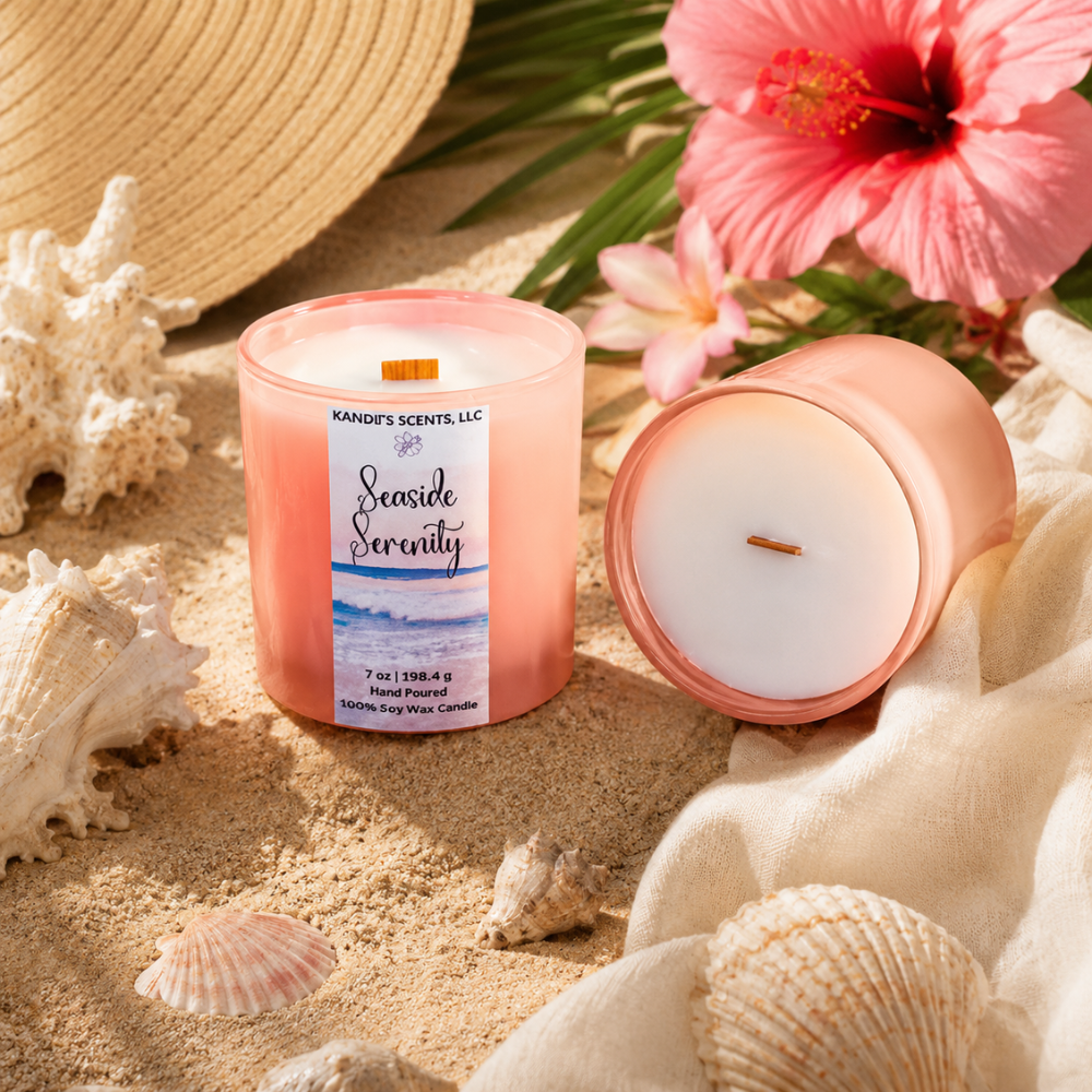 Pink candle labeled 'Seaside Serenity' surrounded by seashells and a pink flower on sand