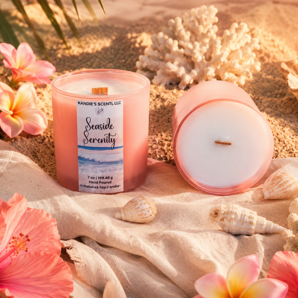 Two candles on sand with flowers and shells, one labeled 'Seaside Serenity'.