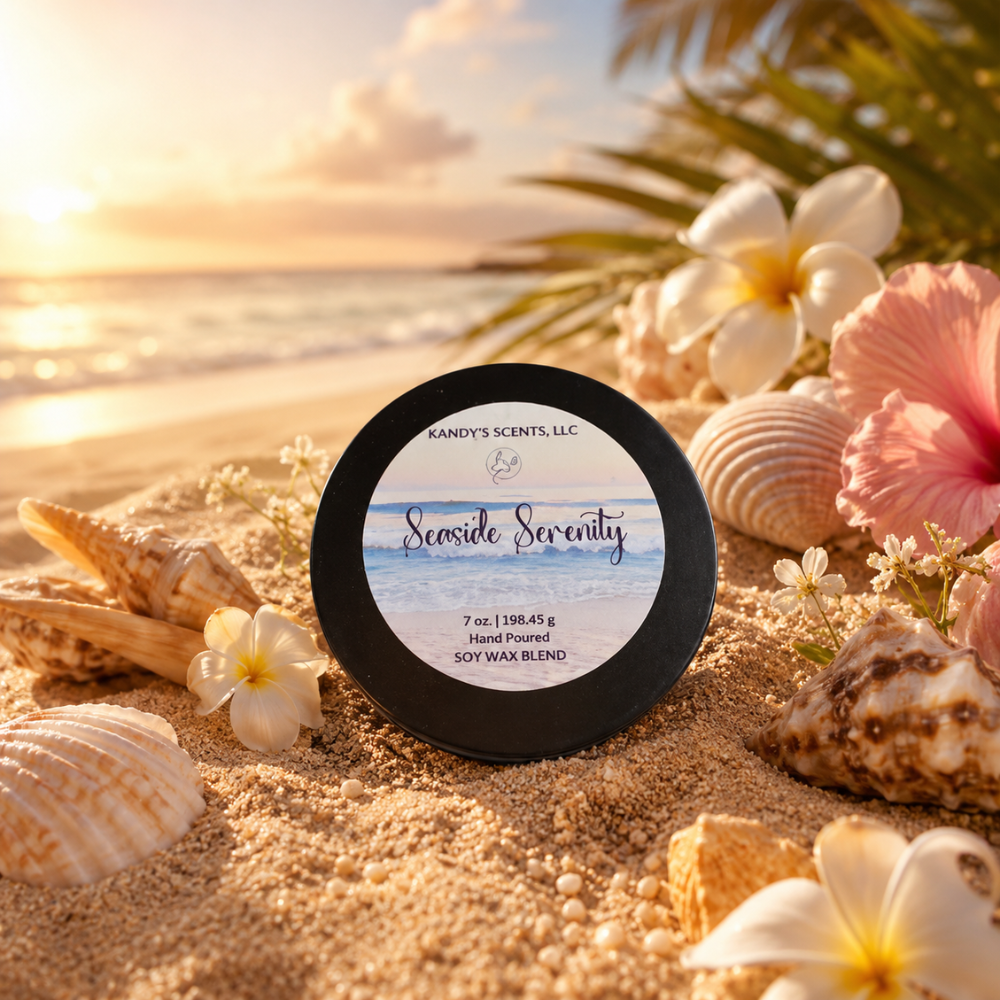 Scented candle labeled 'Seaside Serenity' on a sandy beach with flowers and shells.
