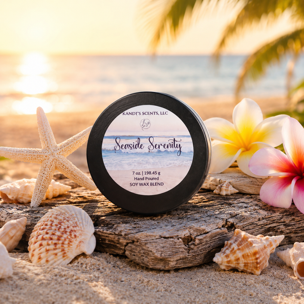 'Seaside Serenity' candle tin on driftwood with beach elements like flowers and shells.