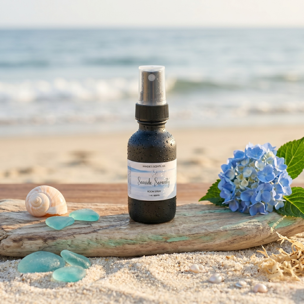 Spray bottle on driftwood with blue flowers and seashells on a beach