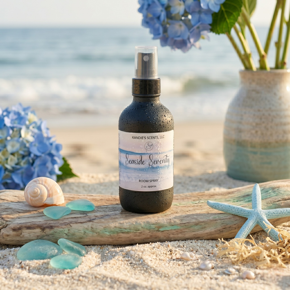 Room spray bottle on a beach with flowers and driftwood