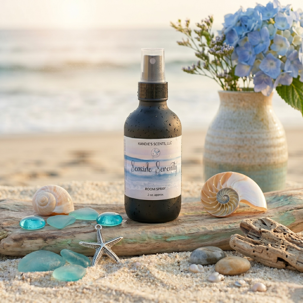 Bottle of 'Seaside Serenity' room spray on a beach setting with flowers and shells.