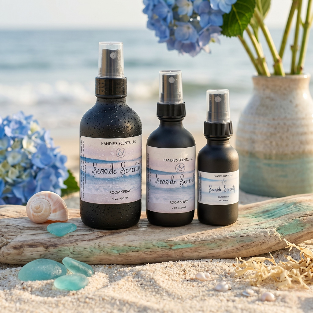 Three black room spray bottles labeled 'Seaside Serenity' on a beach setting with flowers and driftwood.