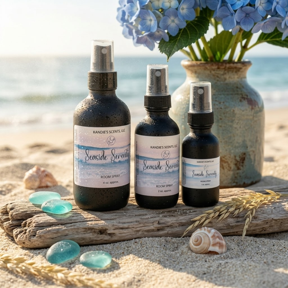 Three 'Seaside Serenity' room spray bottles on a beach with flowers and shells.