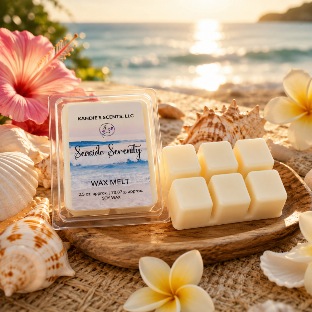Wax melts with packaging labeled 'Seaside Serenity' on a beach setting with flowers and shells.