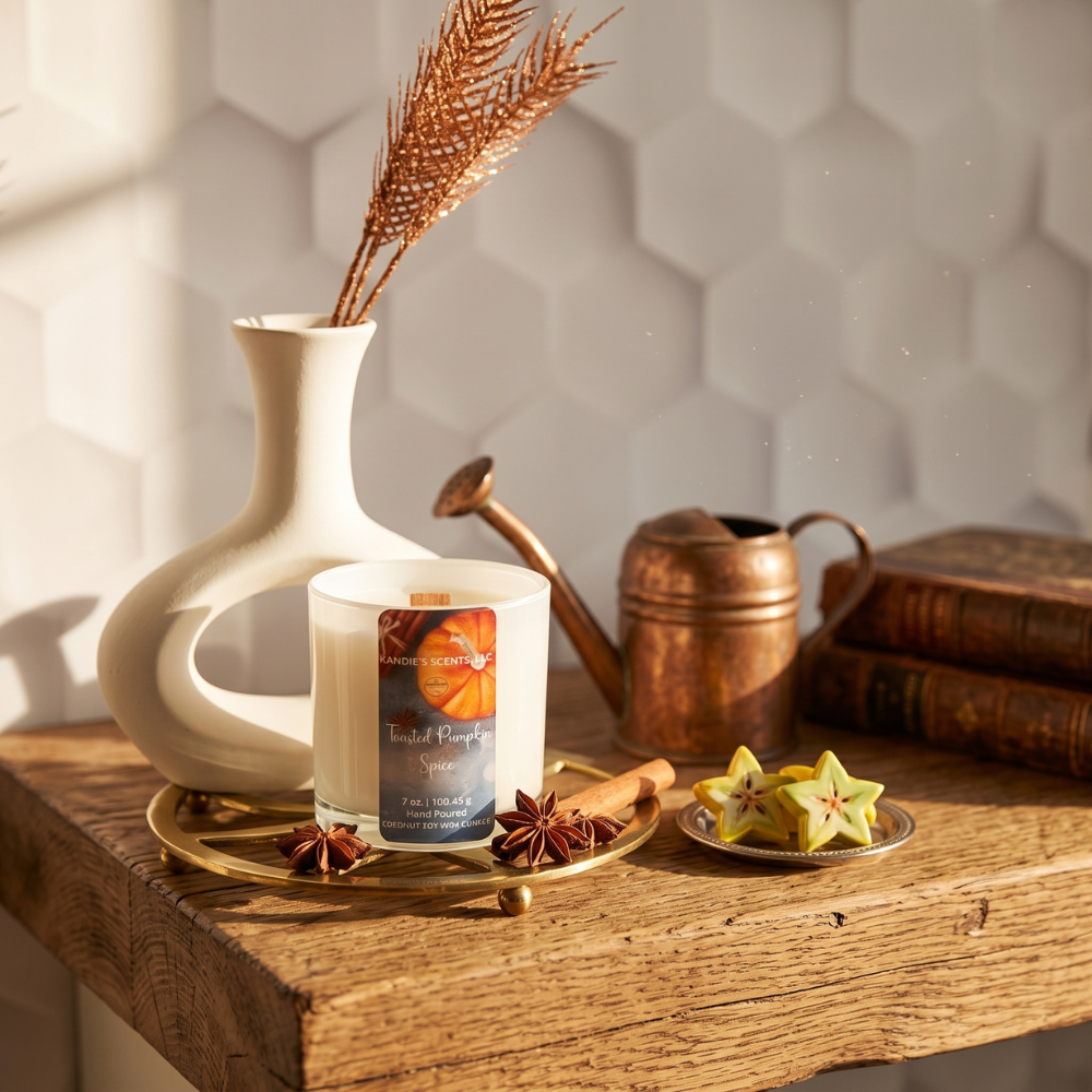 A candle in a white glass jar with a warm orange label sits on a brass tray on a rustic wooden table, styled with a white ceramic vase, dried wheat, a copper watering can, old books, and star anise against a white hexagonal tile wall.