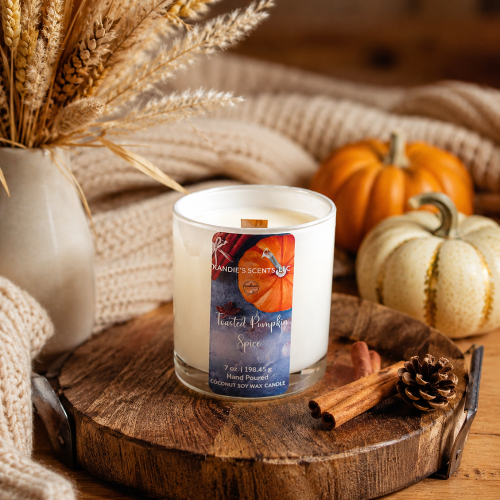 A glass jar candle labeled 'Kandie's Scents' and 'Toasted Pumpkin Spice' sits on a round wooden tray, styled with autumn props including pumpkins, cinnamon sticks, a pinecone, and a vase of dried wheat.