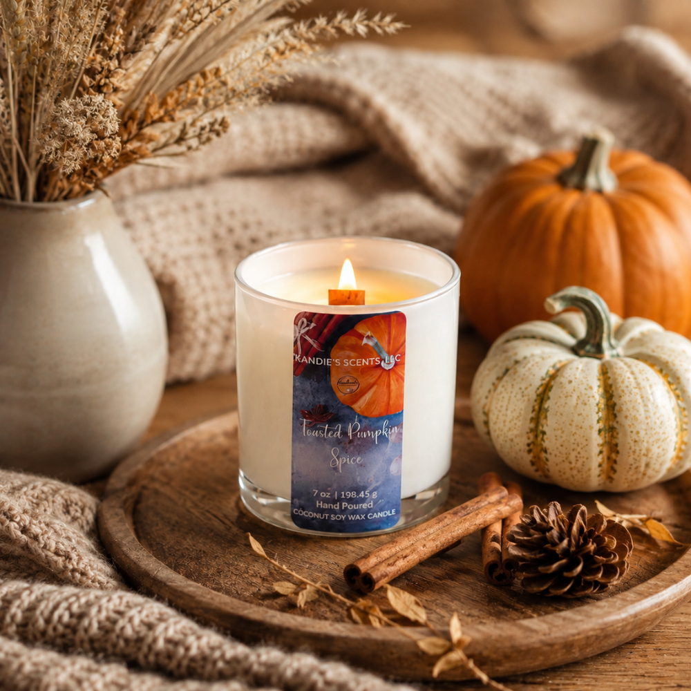A lit white jar candle with a colorful autumn-themed label reading 'Toasted Pumpkin Spice' sits on a wooden tray surrounded by dried flowers, a cinnamon stick, a pinecone, a small white pumpkin, and an orange pumpkin in the background.