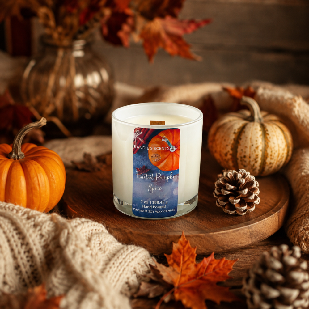 A glass jar candle labeled 'Toasted Pumpkin Spice' sits on a wooden tray surrounded by autumn props including pumpkins, pinecones, fall leaves, and a knitted blanket in a warm rustic setting.