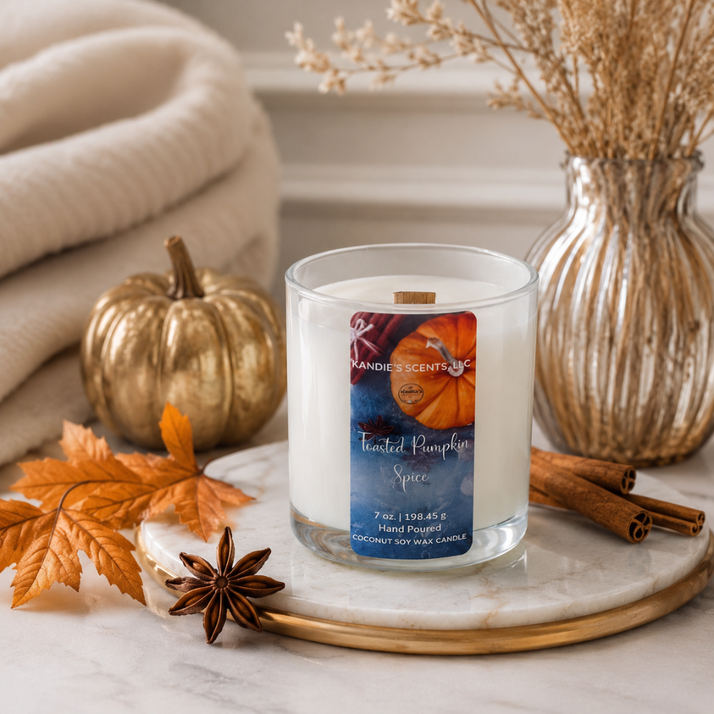 A hand-poured coconut wax candle in a white glass jar, labeled 'Toasted Pumpkin Spice' by Kandie's Scents, styled on a marble tray with autumn props including a gold pumpkin, cinnamon sticks, star anise, and a beige knit blanket in the background.