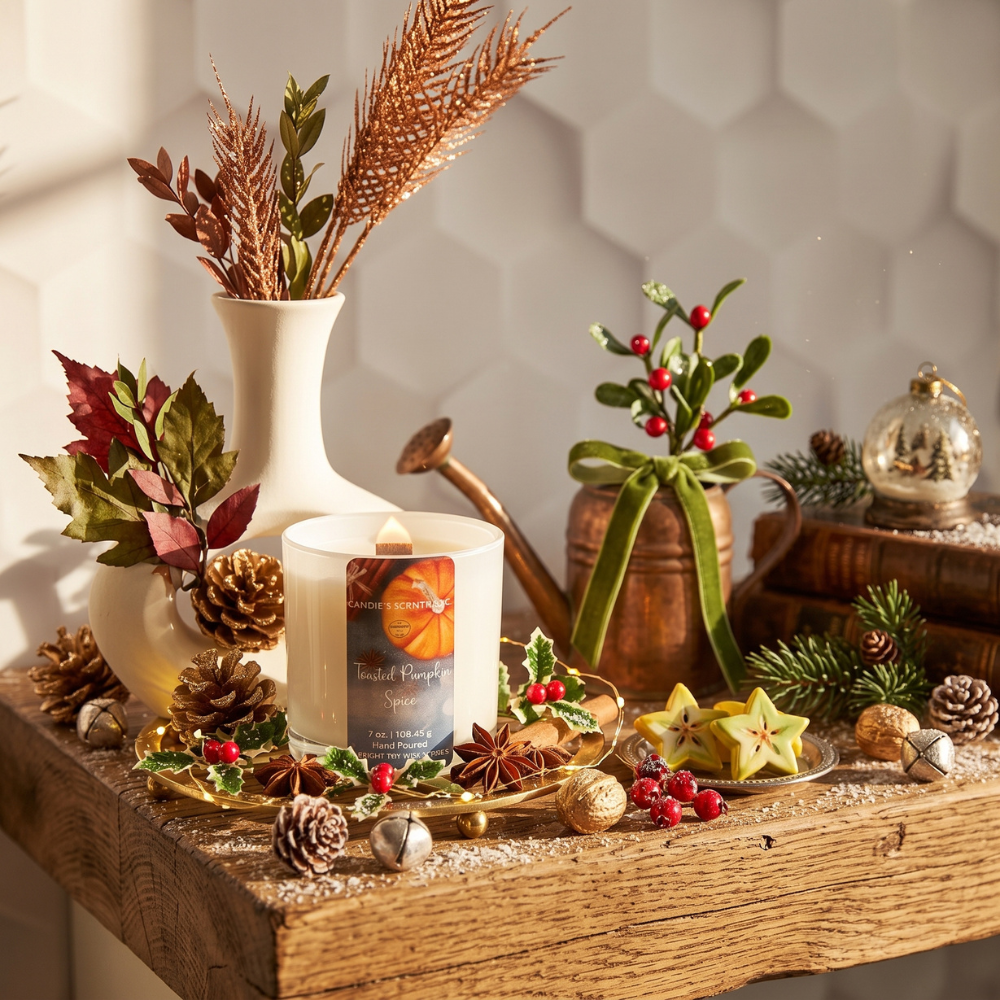 A lit scented candle sits on a rustic wooden table surrounded by autumn and holiday decorations, including pinecones, evergreen branches, red berries, star-shaped ornaments, a white vase with dried grasses, and a small copper-toned pot with a green ribbon.