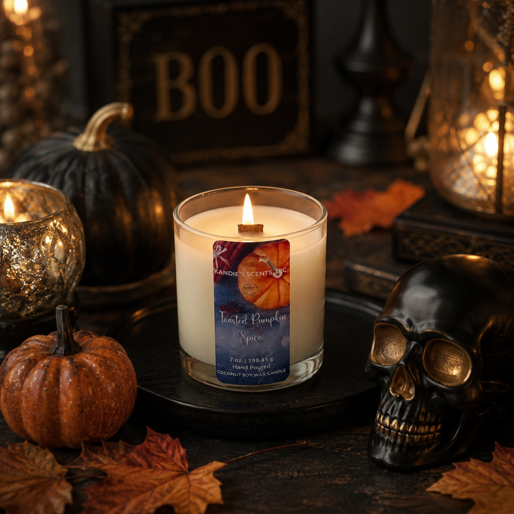 A lit scented candle in a white glass jar sits on a dark tray in a Halloween-themed setting with pumpkins, autumn leaves, a black skull, and warm lanterns in the background. The candle label reads 'Toasted Pumpkin Spice'.
