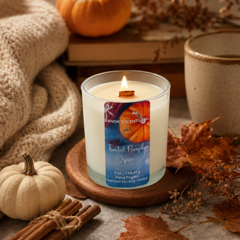 A lit scented candle in a white glass jar sits on a wooden coaster in a cozy autumn setting with a knit blanket, small pumpkins, dried leaves, cinnamon sticks, and a ceramic mug.