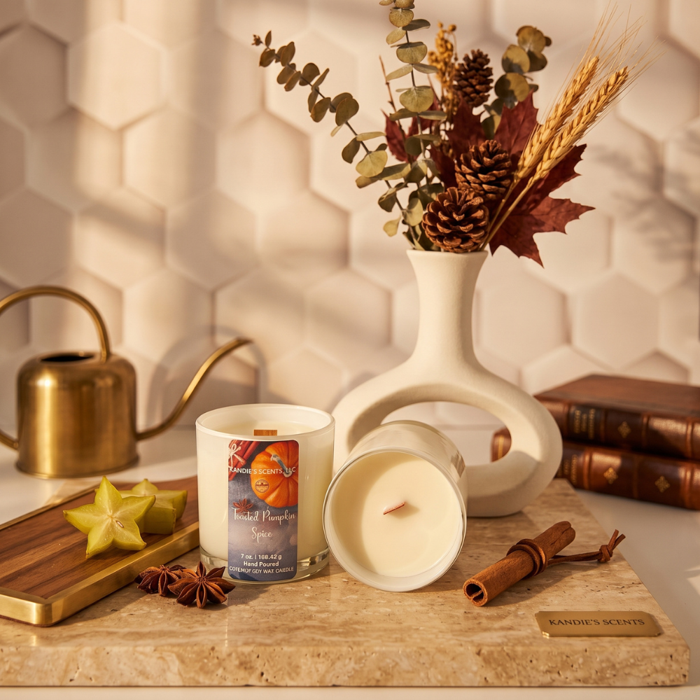 A styled product shot of a candle in a glass jar on a stone surface. The candle label reads 'Toasted Pumpkin Spice' and shows a warm orange illustration.