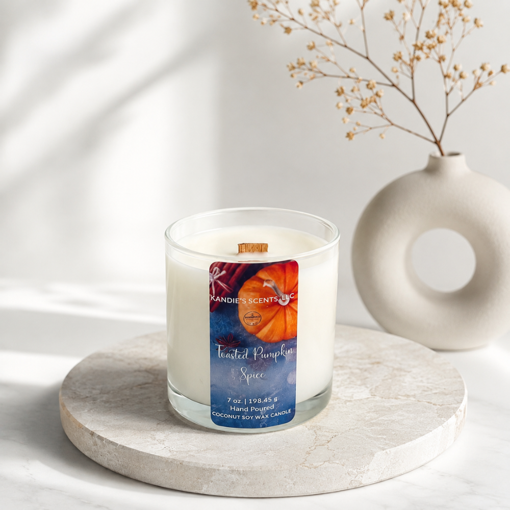 A 7 oz coconut wax candle in a white glass jar with a wooden wick, labeled 'Kandie's Scents' and 'Toasted Pumpkin Spice'. The candle is styled on a round marble tray with a neutral ceramic vase of dried flowers in the background.