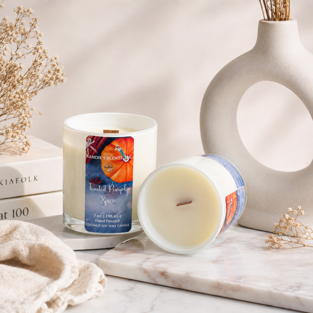 Two jars of 'Toasted Pumpkin Spice' coconut wax candle are styled on a marble surface with dried flowers and a ceramic vase in the background.