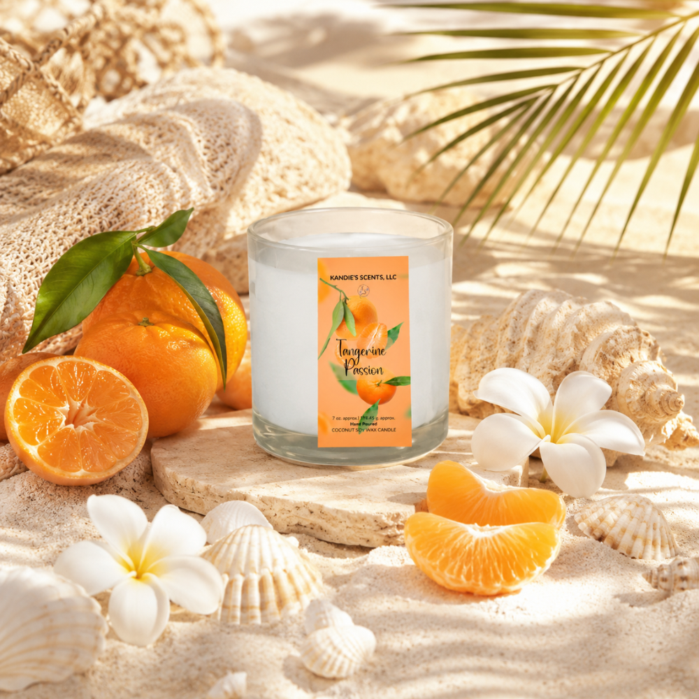Candle with tangerine flavor packaging on a sandy surface with oranges, flowers, and shells.