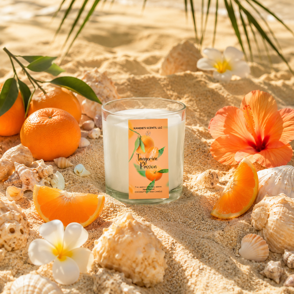 Candle with tangerine and passionfruit scent on a sandy beach with oranges, flowers, and shells.