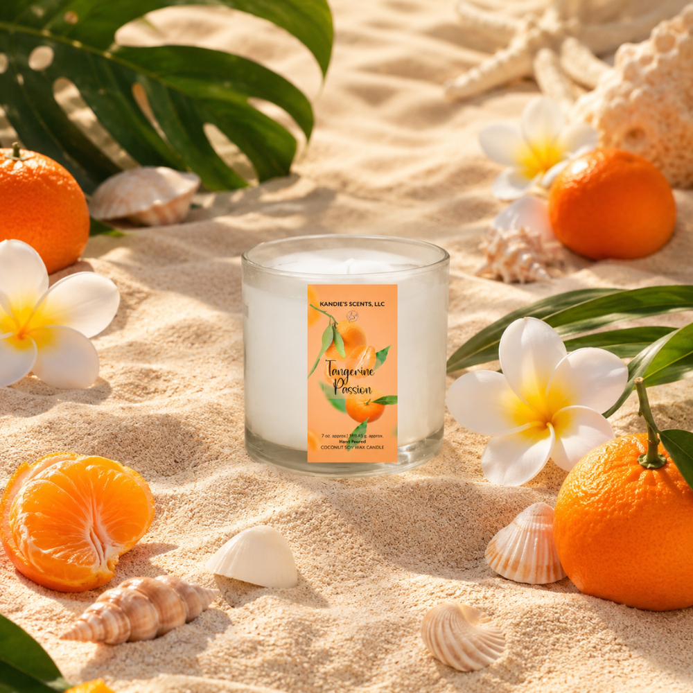 Candle with an orange label surrounded by oranges, flowers, and shells on sand