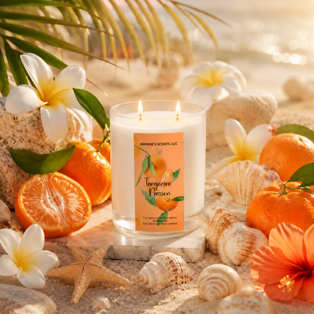 Candle with tangerine passion label surrounded by oranges, flowers, and shells on a sandy background