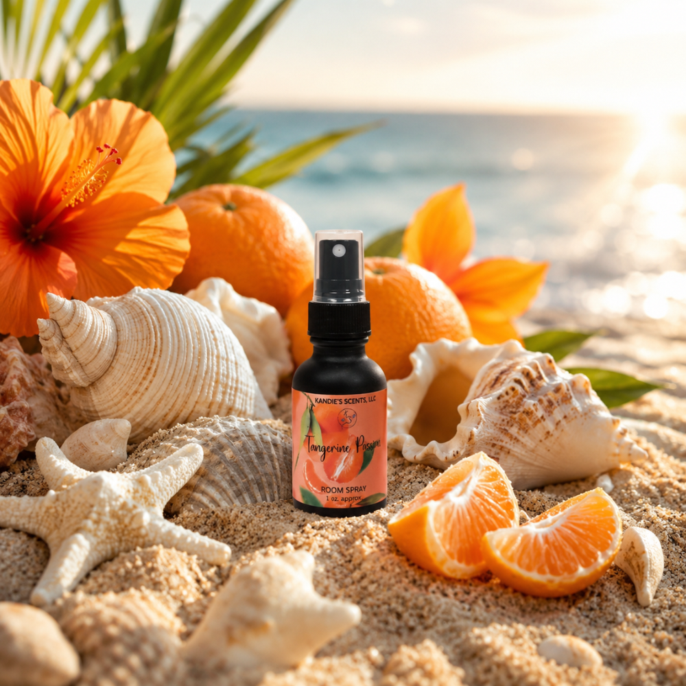 Room spray bottle on a beach with oranges, shells, and flowers