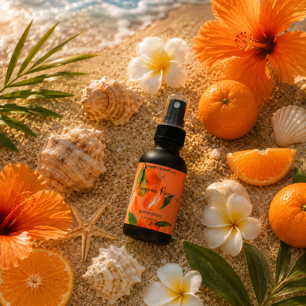 Orange-themed room spray bottle on sand with oranges, flowers, and shells.