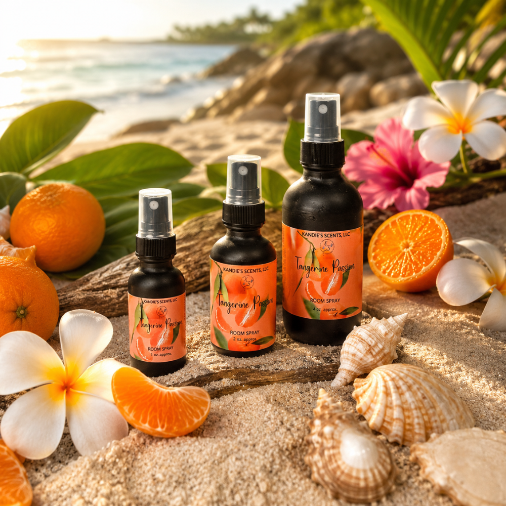 Three bottles of Tangerine Passion room spray with oranges, flowers, and shells on a beach setting.