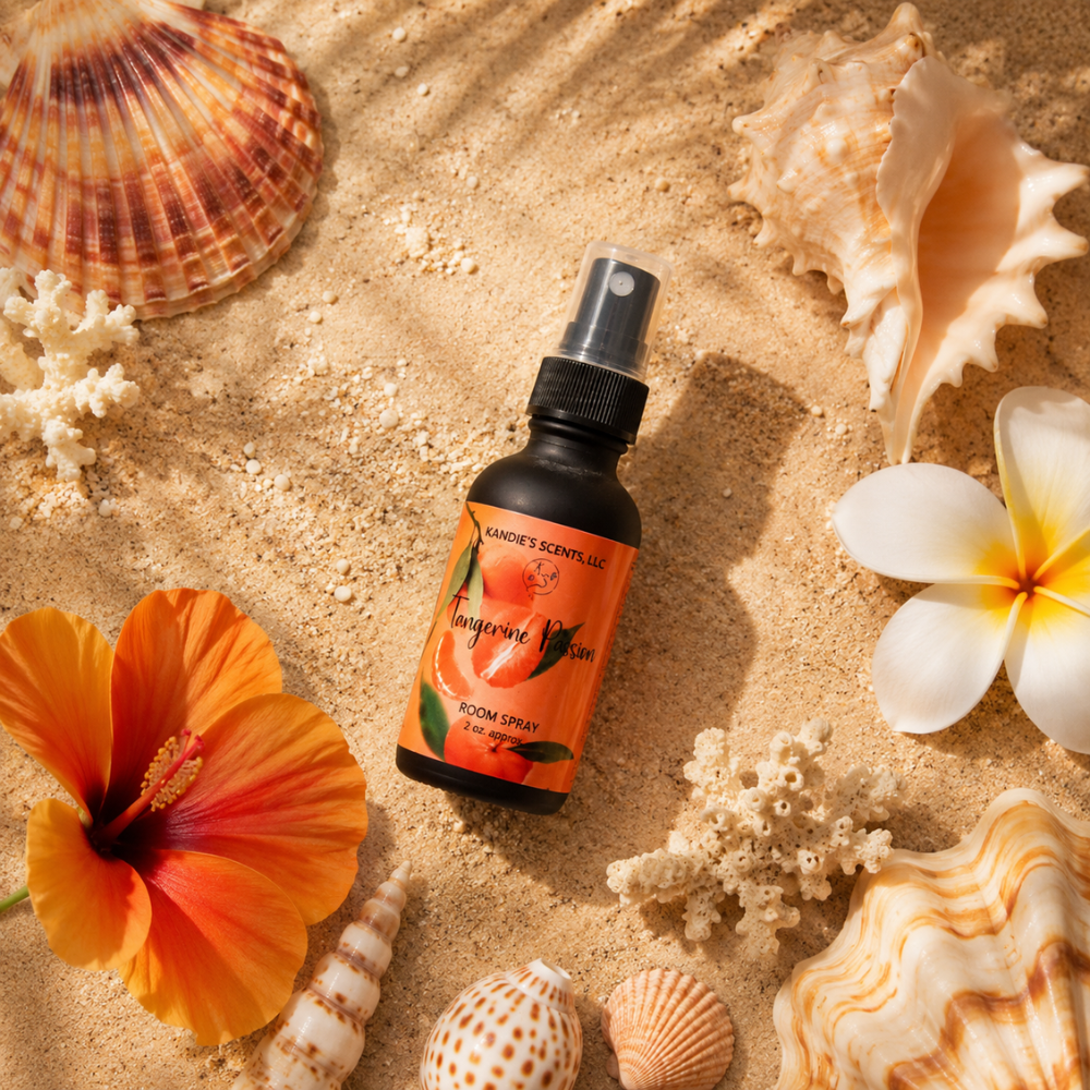 Bottle of room spray surrounded by seashells and flowers on sand