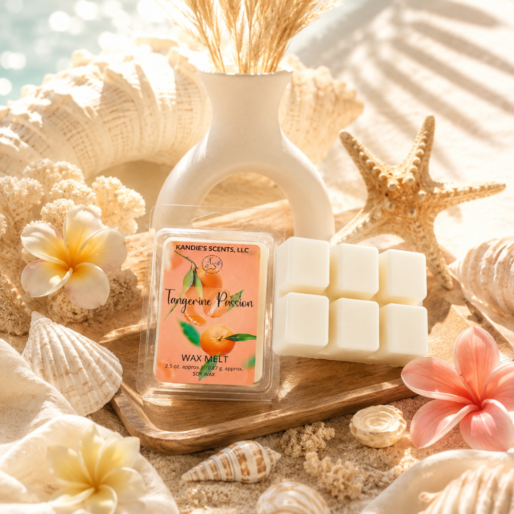 Wax melt packaging with 'Tangerine Passion' label on a wooden board surrounded by seashells and flowers.