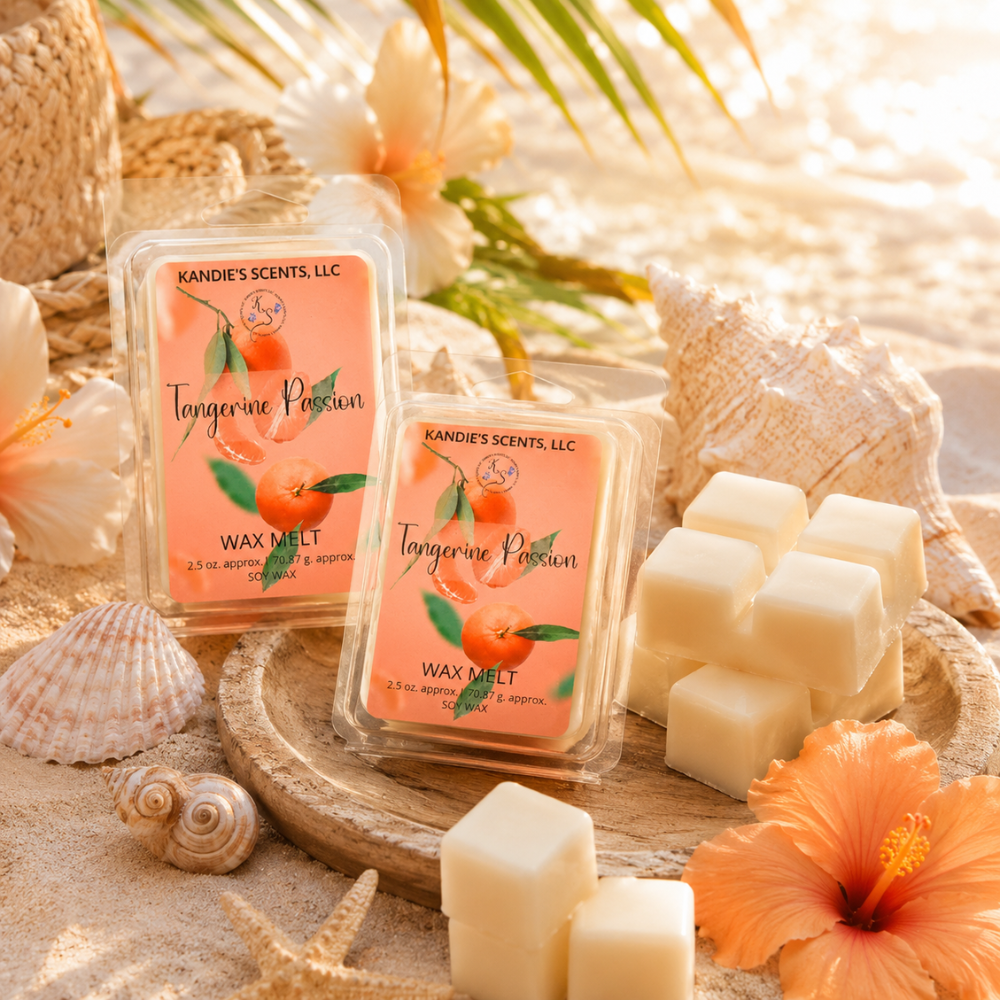 Kandie's Scents Tangerine Passion wax melts with packaging on a beach-themed background.