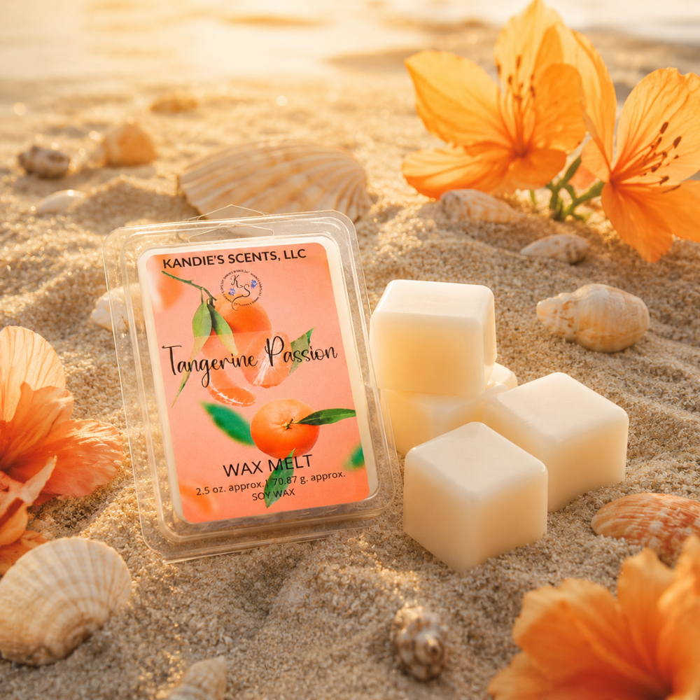 Wax melt packaging with 'Tangerine Passion' on a sandy background with flowers and shells.