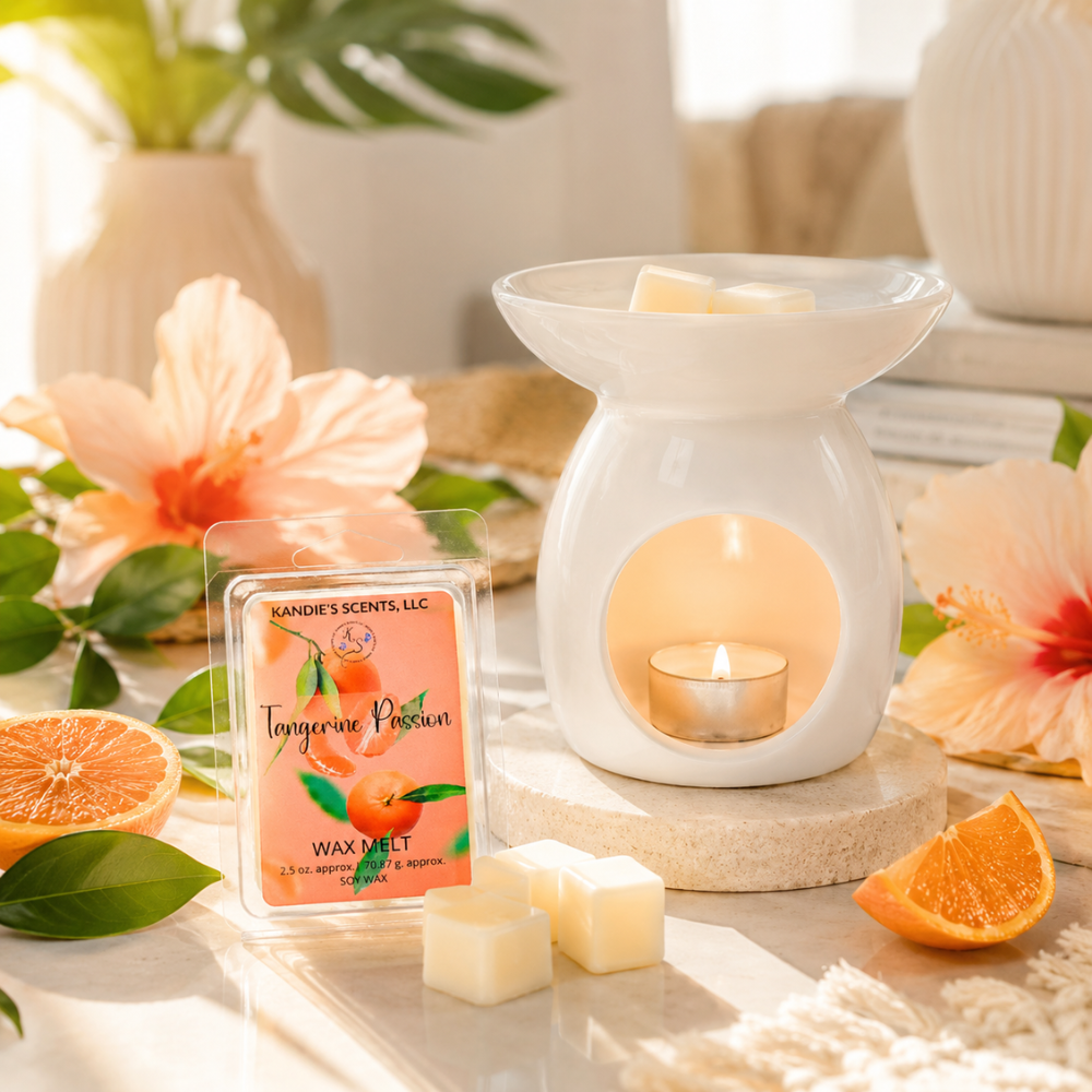 Wax melt packaging with a lit wax warmer and oranges on a decorative surface.