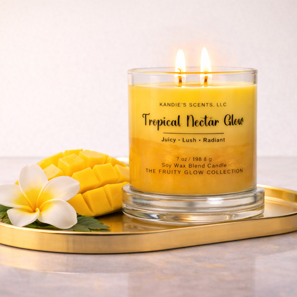 Tropical-themed candle with mango and flowers on a white background