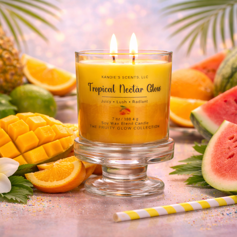 Tropical-themed candle with fruits and a straw on a wooden surface