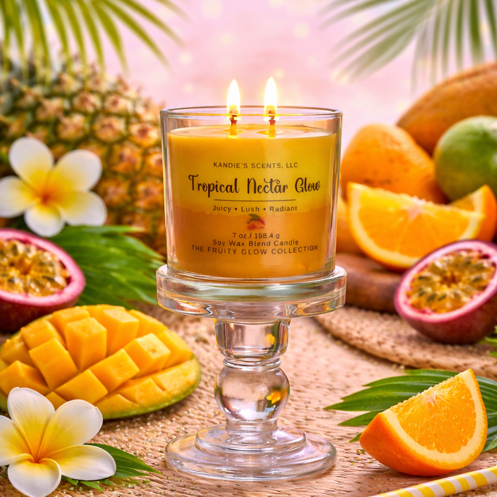 Tropical-themed candle with fruits and flowers on a woven surface