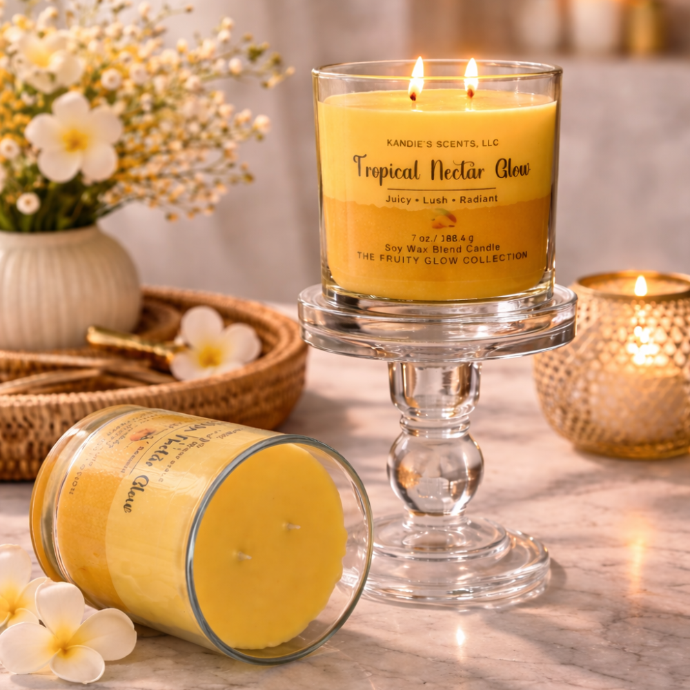 Tropical Nectar Glow candle on a marble surface with flowers and another candle in the background.