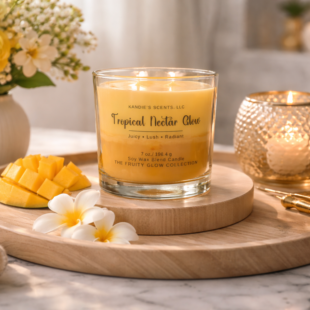 Tropical Nectar Glow candle on a wooden tray with flowers and fruit